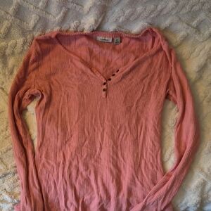 L.L. Bean Pink Ribbed Long Sleeve Henley Shirt